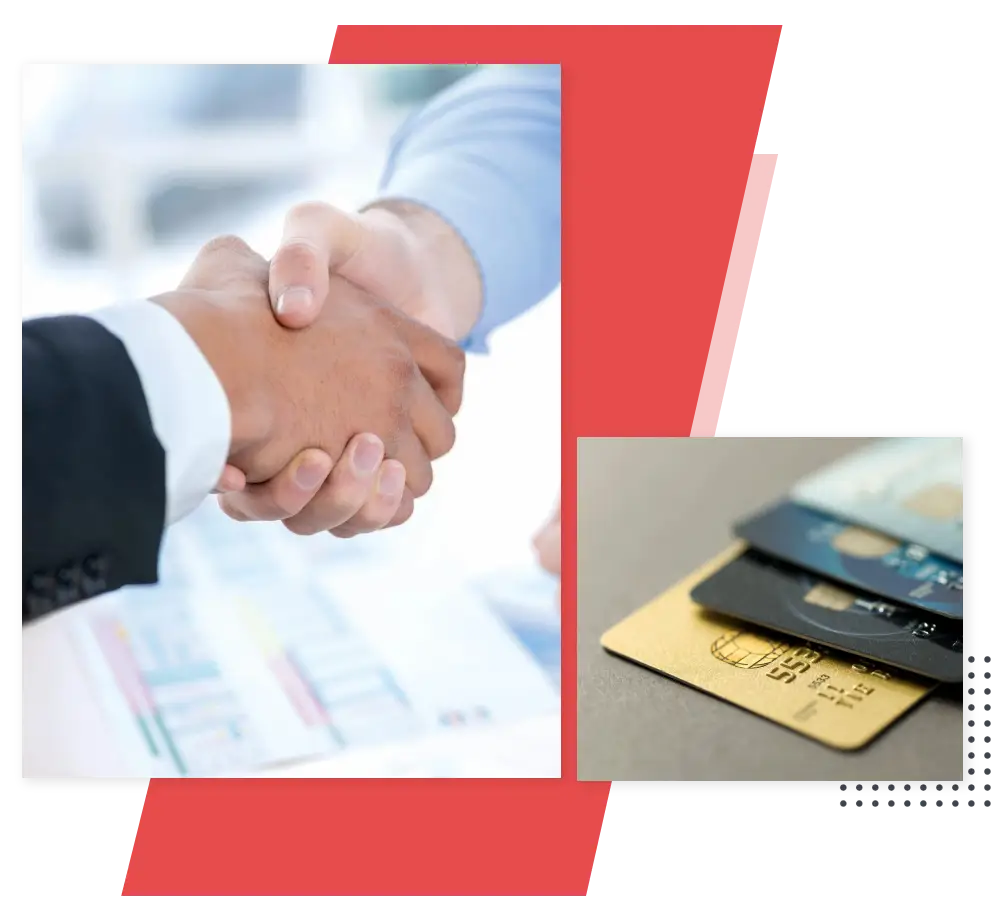 A picture of two people shaking hands and a credit card.